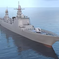 Gray Warship Sailing on Calm Blue Sea With Radar Antennas and Superstructure