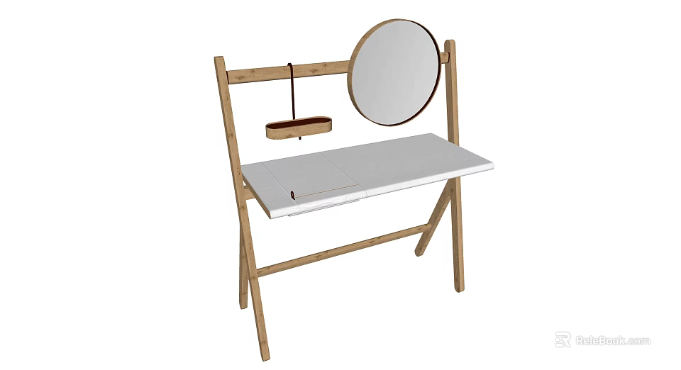 Simple Wooden Dressing Table with Round Mirror White Countertop and Storage Compartment 3d model 