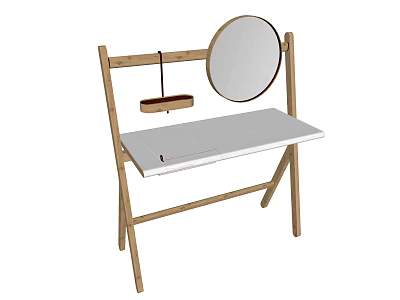 Simple Wooden Dressing Table with Round Mirror White Countertop and Storage Compartment 3d model