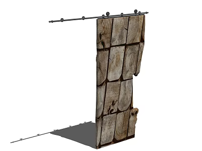 Rustic Wooden Sliding Barn Door With Plank Design And Sliding Track 3d model