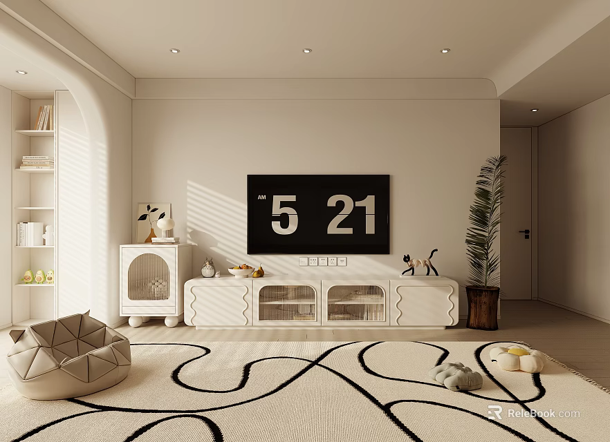 White Living Room Interior With Bookshelf Cat House Green Plant And Black White Pattern Rug 3d model 