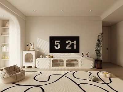 White Living Room Interior With Bookshelf Cat House Green Plant And Black White Pattern Rug 3d model