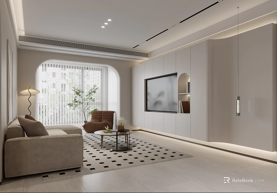 Modern Living Dining Room Interior With Beige Sofa Checkered Rug Coffee Table And TV 3d model 