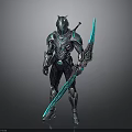 Futuristic Metallic Armor Character With Blue Glowing Sword And Shiny Details