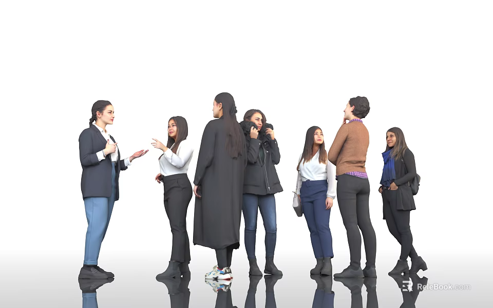 Group of Women Standing Together Talking in Different Outfits on White Background 3d model 