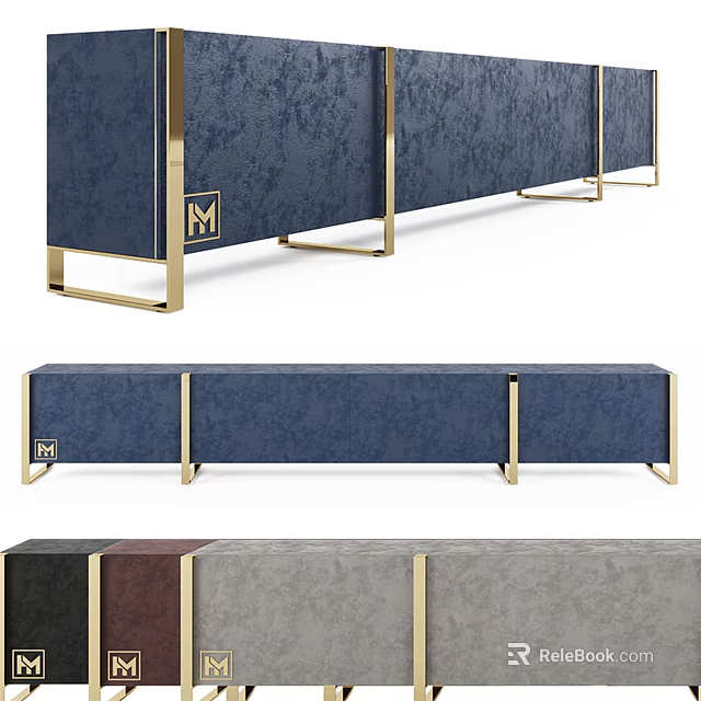 Modern Luxury TV Stand With Blue Brown Gray Colors And Gold Metallic Legs Design 3d model 
