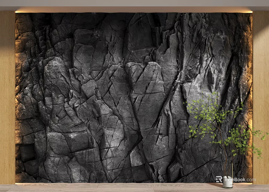 Rough Black Rock Texture Wall With Cracked Surface And Potted Green Plant 3d model