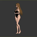 Woman With Long Blonde Hair And Pink Eyes Wearing Black One-Piece Swimsuit Standing Barefoot