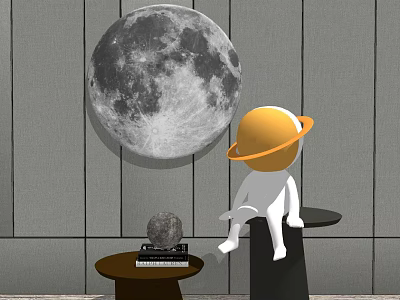 Decorative Ornament Combination Featuring Moon Sculpture White Figure Orange Ring And Stone Decor 3d model