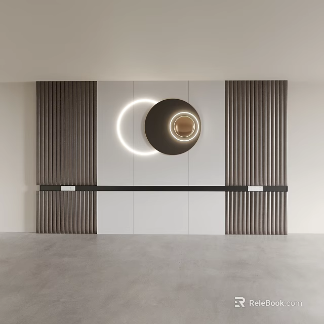 Modern Bedroom Accent Wall Design With Wooden Slats Circular Decor And Integrated Lighting 3d model 