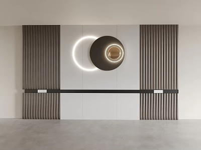 Modern Bedroom Accent Wall Design With Wooden Slats Circular Decor And Integrated Lighting 3d model