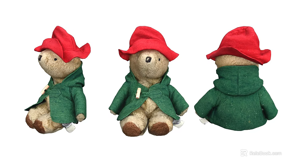 Cute Teddy Bear Plush Toys With Red Hats And Green Coats From Three Angles 3d model 