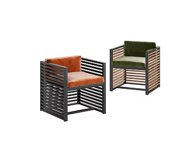 Sleek Modern Armchairs With Wooden Frame Orange Green Upholstery And Vertical Slat Design 3d model