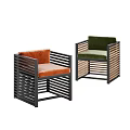 Sleek Modern Armchairs With Wooden Frame Orange Green Upholstery And Vertical Slat Design
