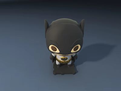 Cute Black Batman Doll with Big Yellow Eyes and Chest Logo on Base 3d model