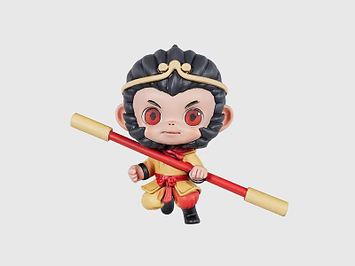 Cute Monkey King Doll With Golden Headband Red Eyes Yellow Outfit Red Staff Golden Ends 3d model