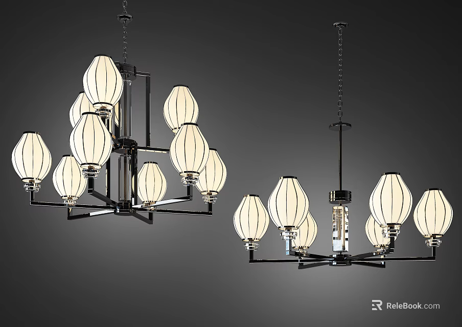 Elegant Hanging Chandeliers With White Lampshades And Black Metal Frame Design 3d model 