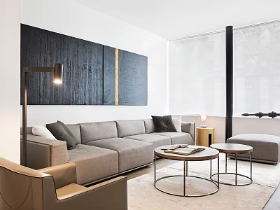 Modern Gray Sofa Coffee Table Set With Round Metal Frame Tables And Abstract Wall Decor 3d model
