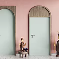 Arched Light Green Hinged Doors With Wooden Frames In Pink Interior And Speckled Floor