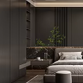 Modern Dark Bedroom Interior With Large Bed Nightstand Pendant Lights Rug Plant And Chair