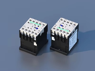 Two AC Contactors Black Body With White And Green Labels On Gray Background 3d model