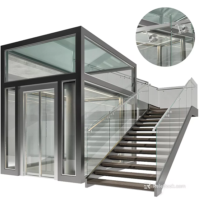 Modern Architectural Glass Elevator With Metal Frame And Glass Railing Near Stairs 3d model 