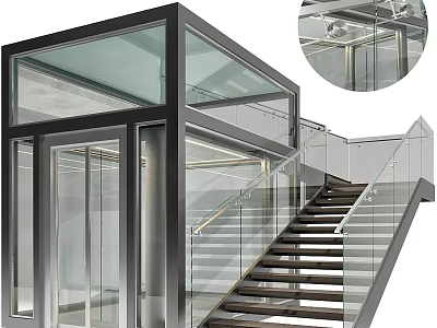 Modern Architectural Glass Elevator With Metal Frame And Glass Railing Near Stairs 3d model