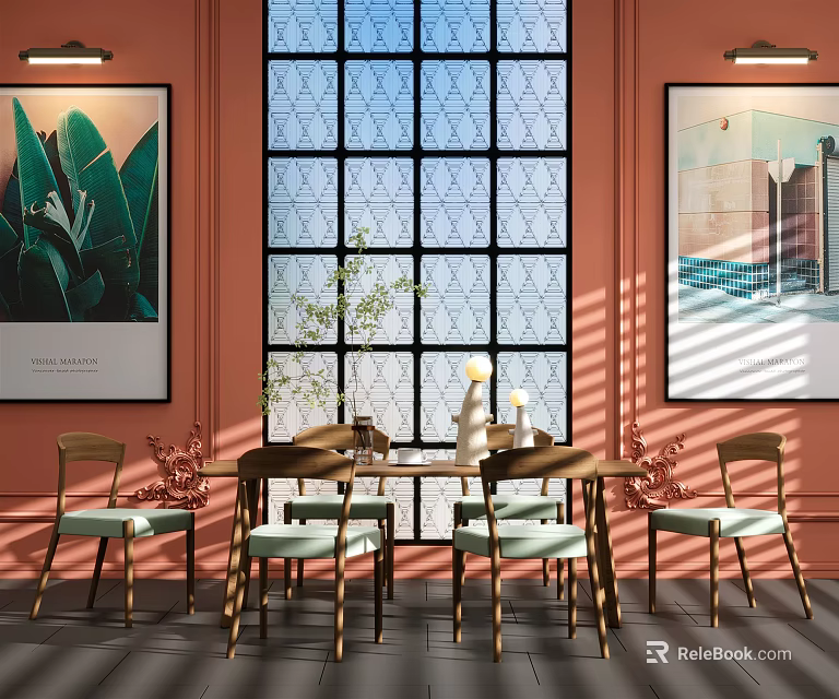 Modern Dining Table Set With Wooden Chairs Light Green Cushions Coral Walls Large Geometric Window 3d model 