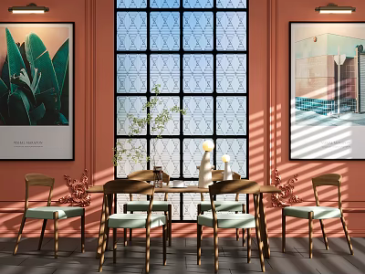 Modern Dining Table Set With Wooden Chairs Light Green Cushions Coral Walls Large Geometric Window 3d model