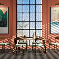 Modern Dining Table Set With Wooden Chairs Light Green Cushions Coral Walls Large Geometric Window