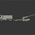 Khaki Military Truck Towing Artillery Cannon On Heavy Duty Trailer With Wheels