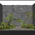 Traditional Courtyard Garden With Stone Wall Moon Shaped Decoration Pine Tree Lanterns And Pebble Ground