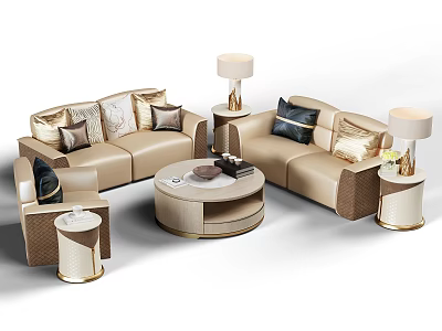 Elegant Modern Sofa Coffee Table Set With Decorative Pillows And Side Table Lamps 3d model