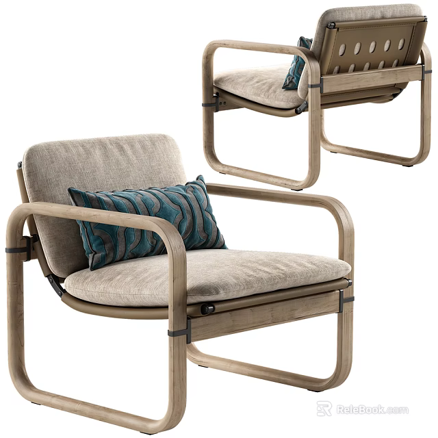 Modern Armchair With Wooden Frame Beige Cushion And Blue Wavy Pattern Pillow 3d model 