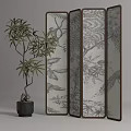Bonsai Plant in Black Pot with Decorative Screen Featuring Botanical Patterns 3d model