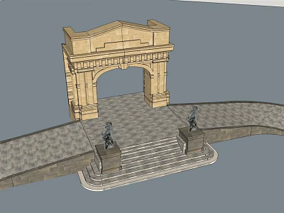 Classical Entrance Gate With Archway Stone Steps Statues And Paved Ground 3d model