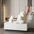 White Abstract Sculpture Carving on Terrazzo Base with Beige Wall Curtains and Floor Lamp