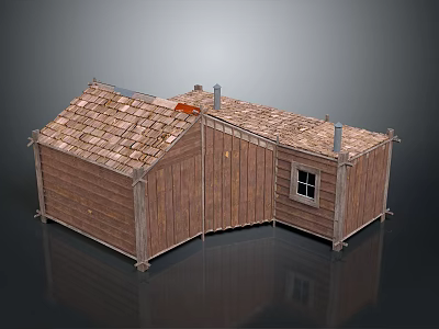 Rustic Wooden Cottage With Tile Roof Chimney And Small Window Exterior 3d model