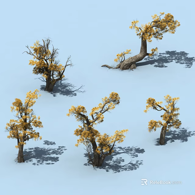 Arbor Trees with Yellow Leaves and Various Shapes in Light Blue Background with Ground Shadows 3d model 