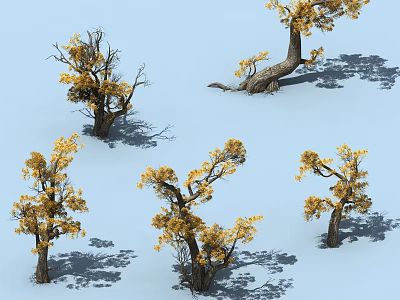 Arbor Trees with Yellow Leaves and Various Shapes in Light Blue Background with Ground Shadows 3d model