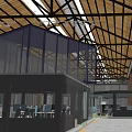 Modern Front Desk Reception Area With Glass Facade Brick Wall And Wooden Roof Structure
