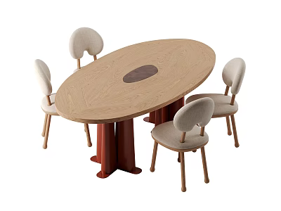 Oval Wooden Dining Table With Round Center Inlay And Four Light Upholstered Chairs 3d model