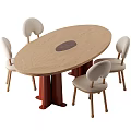 Oval Wooden Dining Table With Round Center Inlay And Four Light Upholstered Chairs