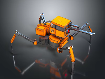 Yellow And Black Mechanical Spider Robot With Multiple Legs And Red Eye 3d model