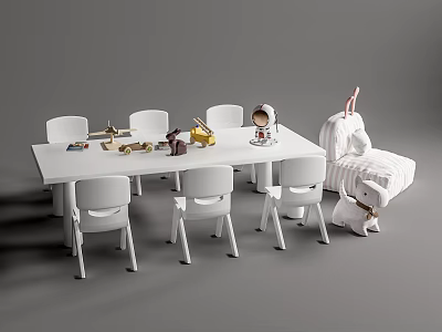 White Children's Table with Chairs Stationery and Unicorn Plush Toy 3d model