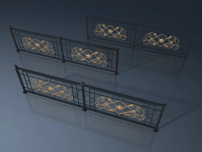 Elegant Swing Door Featuring Black Frame And Golden Ornamental Railing Design 3d model