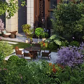 Lush Courtyard Garden Design With Various Green Plants Colorful Flowers And Outdoor Table Chairs