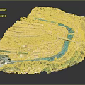 Modern Town Model With Winding Blue River Buildings Bridge And Green Areas