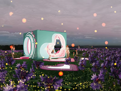 Interactive Zone Installation In Purple Flower Field With Pink Heart Shape And Floating Light Balls 3d model