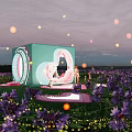 Interactive Zone Installation In Purple Flower Field With Pink Heart Shape And Floating Light Balls